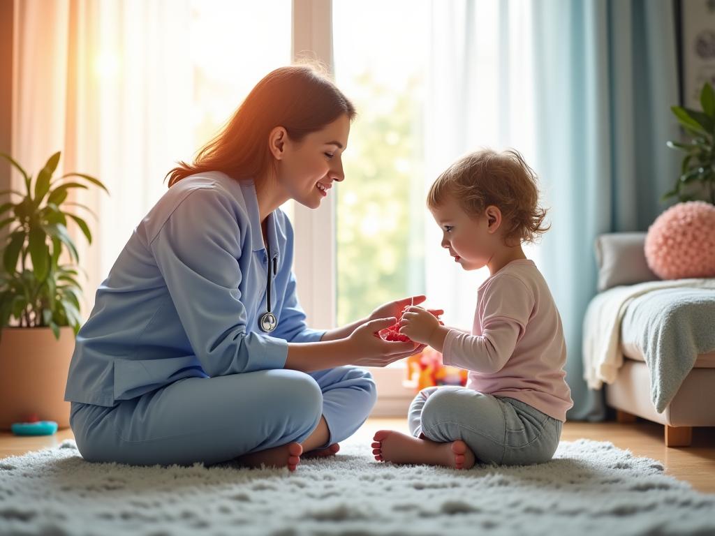 Pediatrician examining child at home